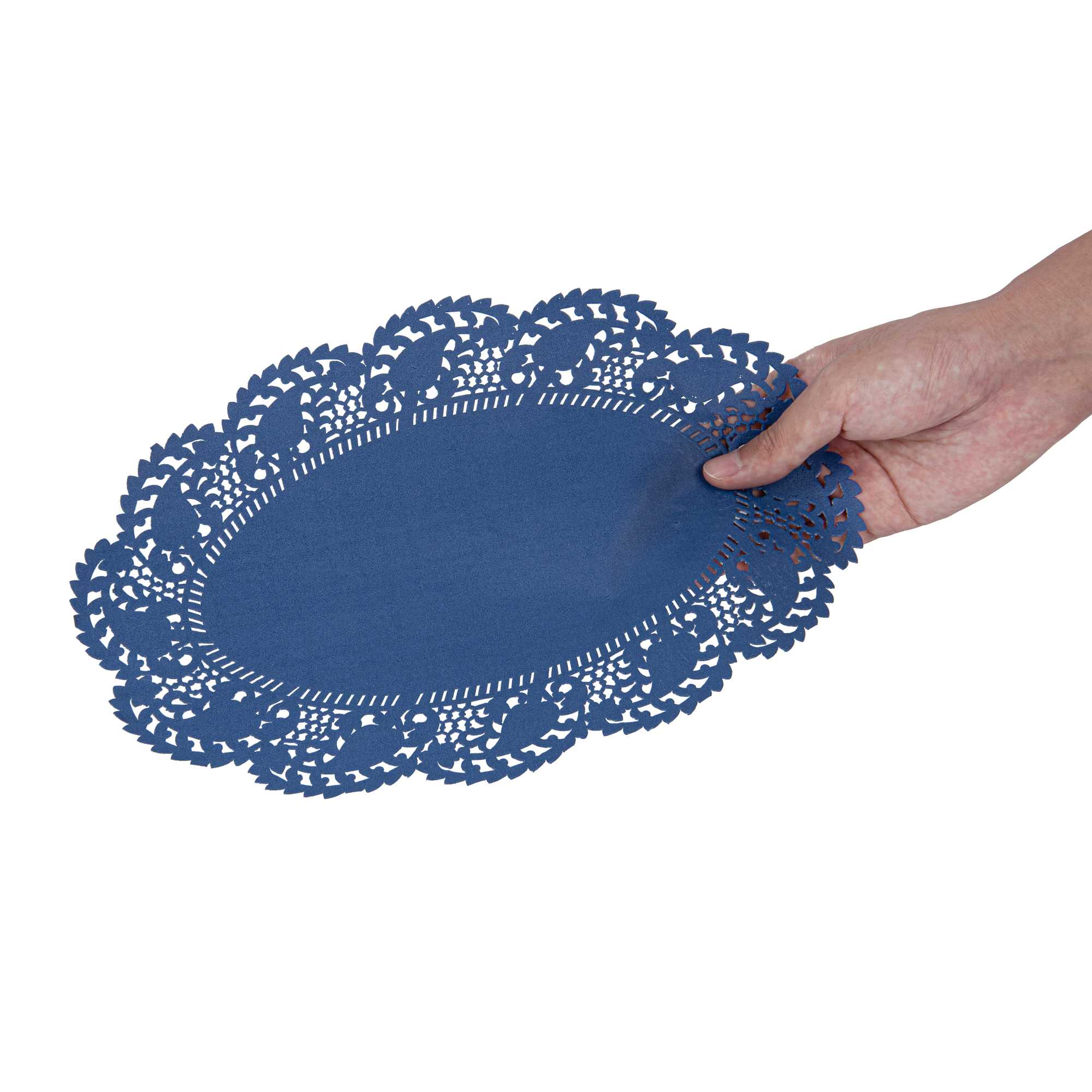 Pastry Tek Oval Navy Blue Paper Doilies - Lace - 12 1/2" x 8 1/2" - 100 count box