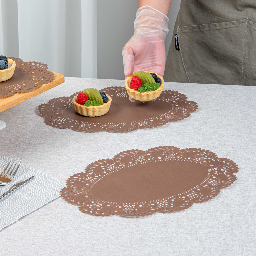 Pastry Tek Oval Brown Paper Doilies - Lace - 12 1/2" x 8 1/2" - 100 count box