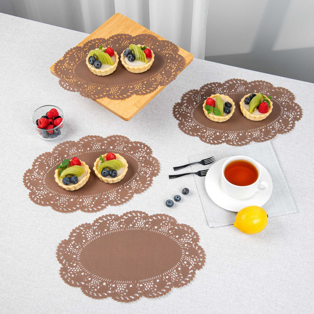 Pastry Tek Oval Brown Paper Doilies - Lace - 12 1/2" x 8 1/2" - 100 count box
