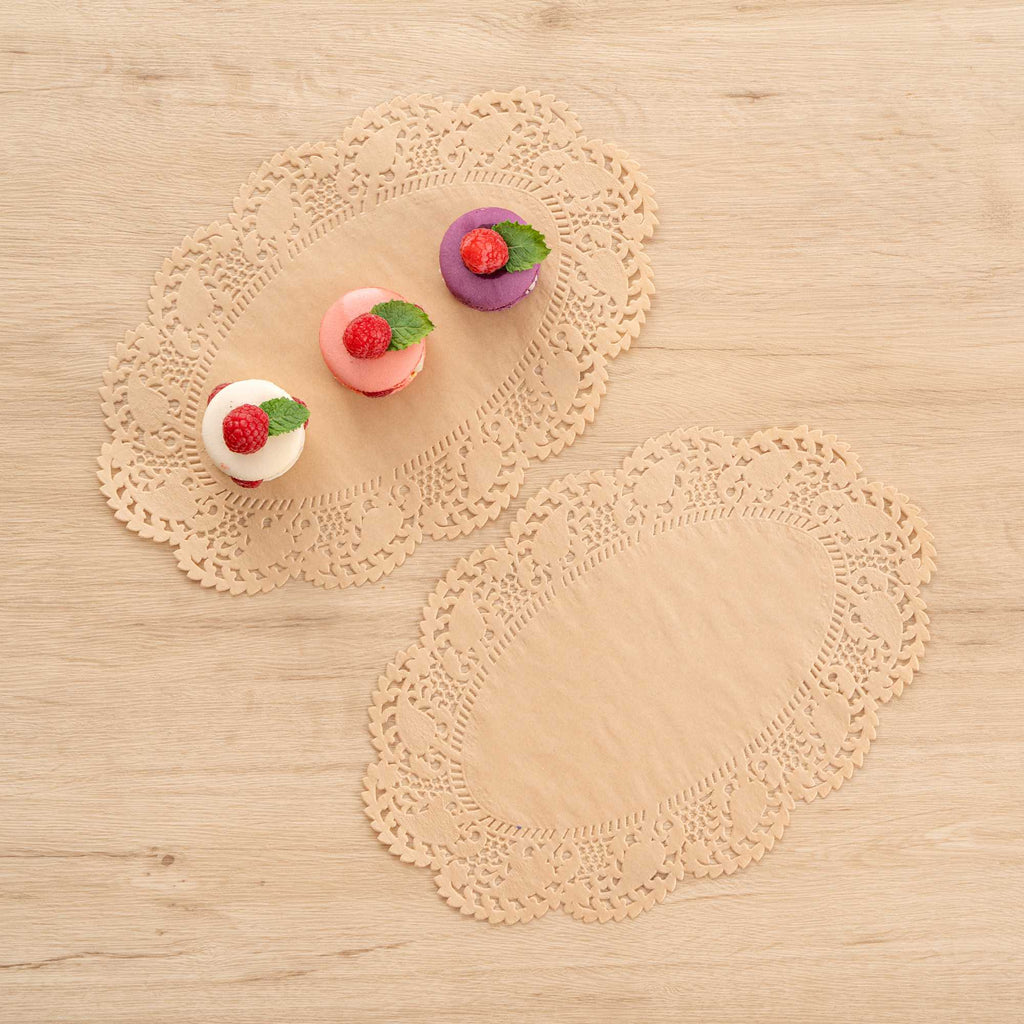 Pastry Tek Oval Kraft Paper Doilies - Lace - 12 1/2" x 8 1/2" - 100 count box