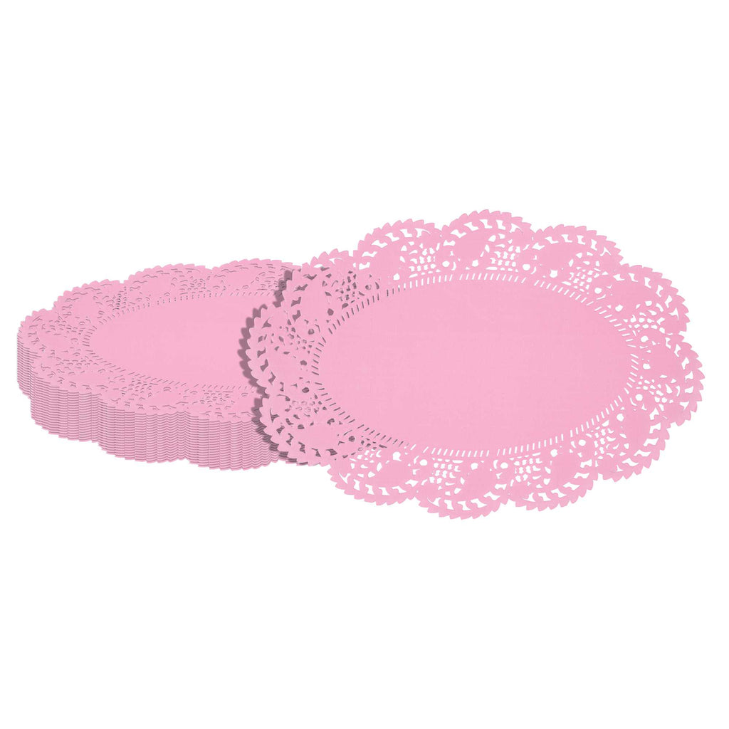 Pastry Tek Oval Pink Paper Doilies - Lace - 12 1/2" x 8 1/2" - 100 count box