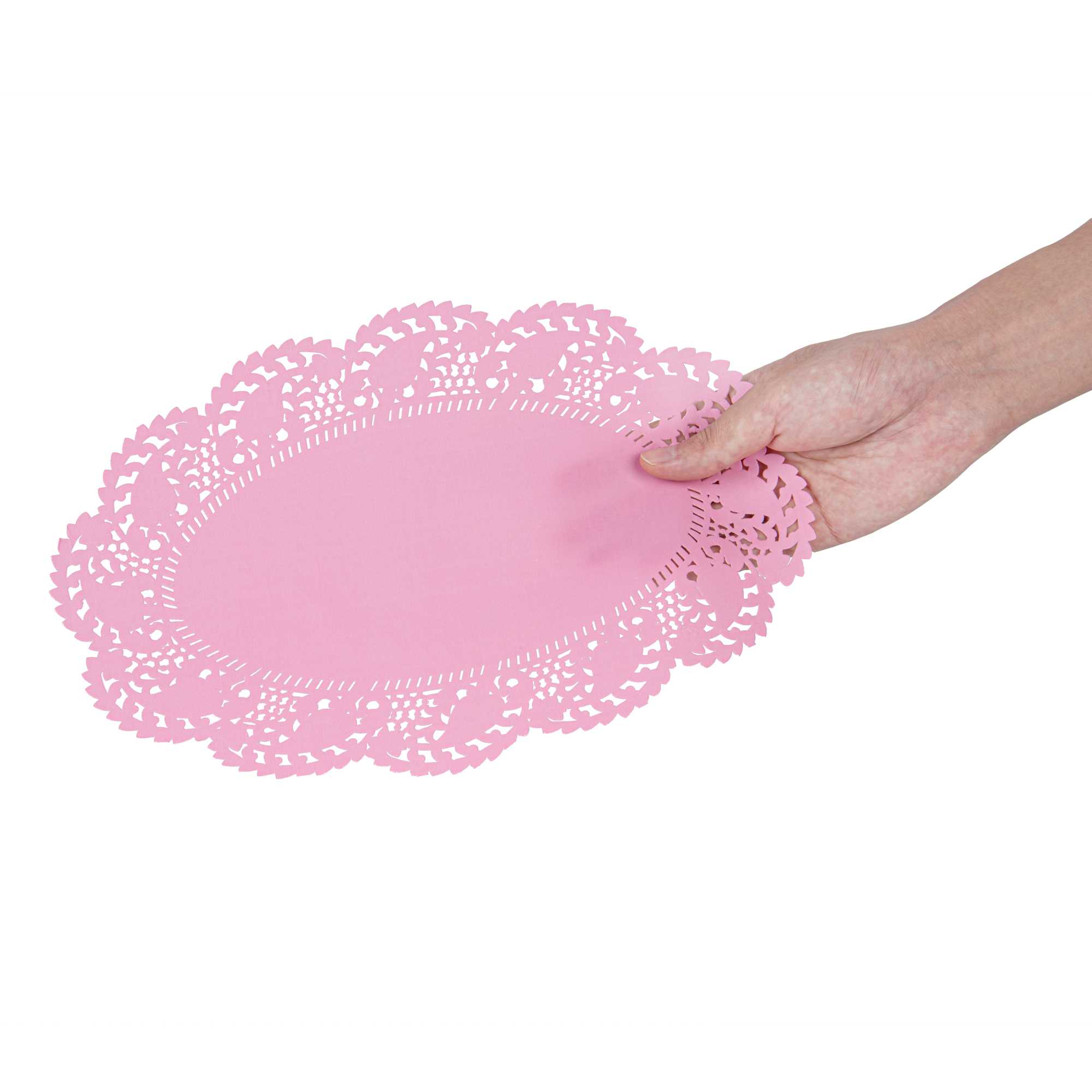 Pastry Tek Oval Pink Paper Doilies - Lace - 12 1/2" x 8 1/2" - 100 count box
