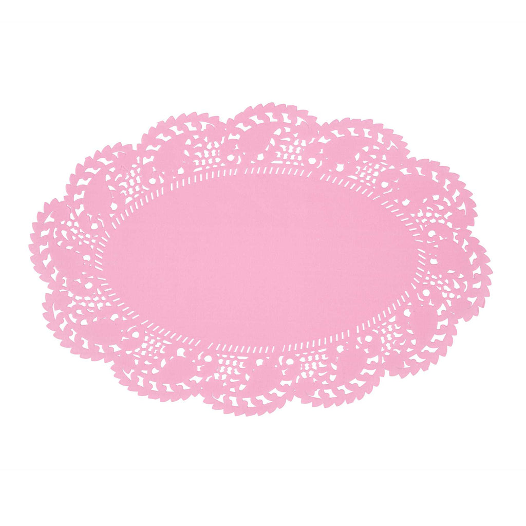 Pastry Tek Oval Pink Paper Doilies - Lace - 12 1/2" x 8 1/2" - 100 count box