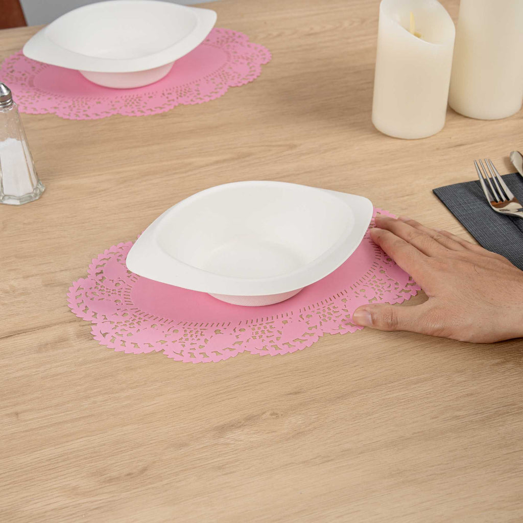 Pastry Tek Oval Pink Paper Doilies - Lace - 12 1/2" x 8 1/2" - 100 count box