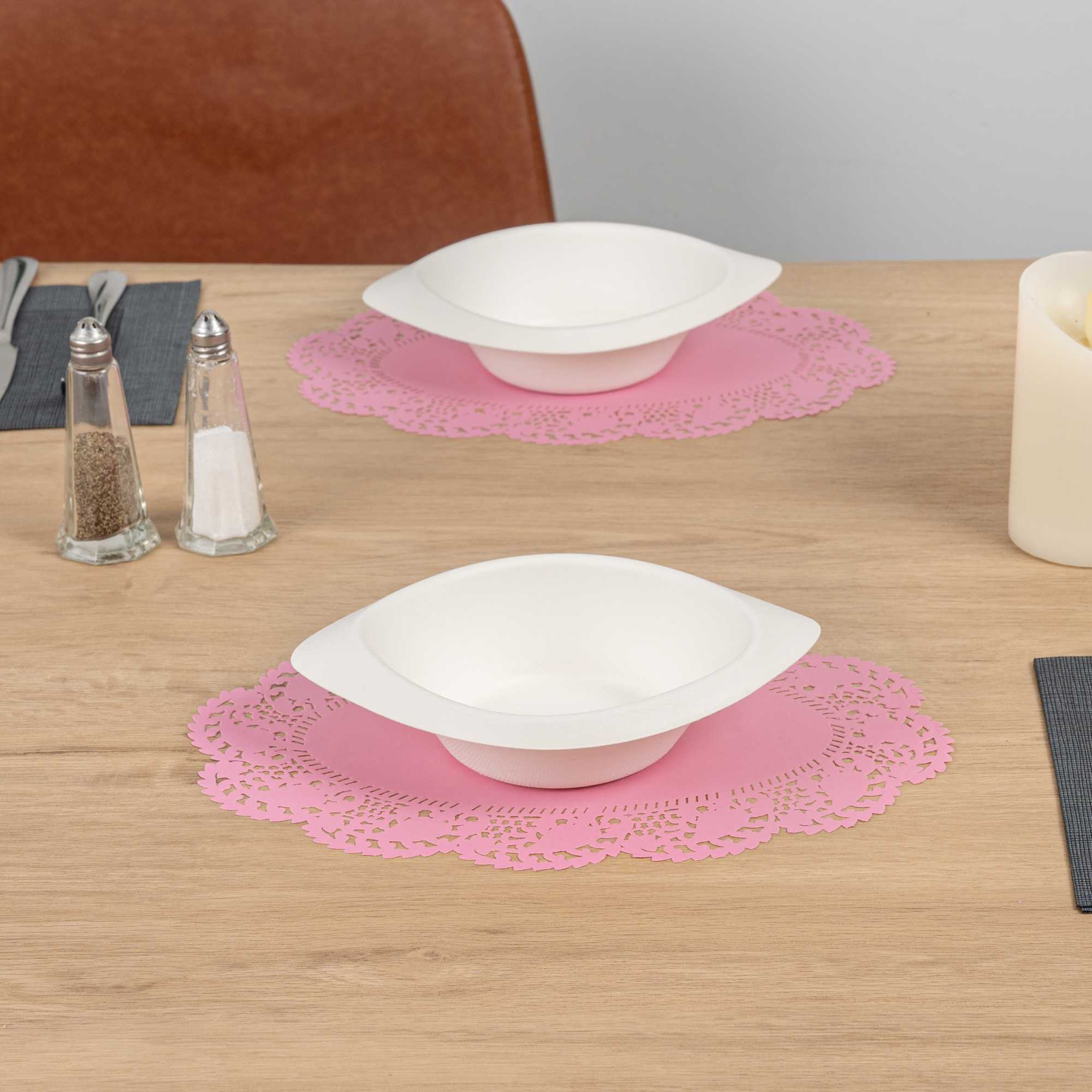 Pastry Tek Oval Pink Paper Doilies - Lace - 12 1/2" x 8 1/2" - 100 count box