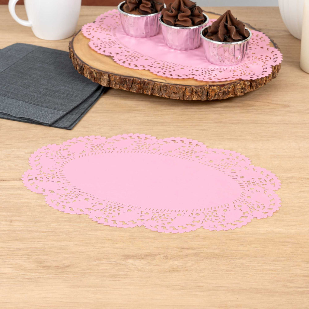 Pastry Tek Oval Pink Paper Doilies - Lace - 12 1/2" x 8 1/2" - 4000 count box