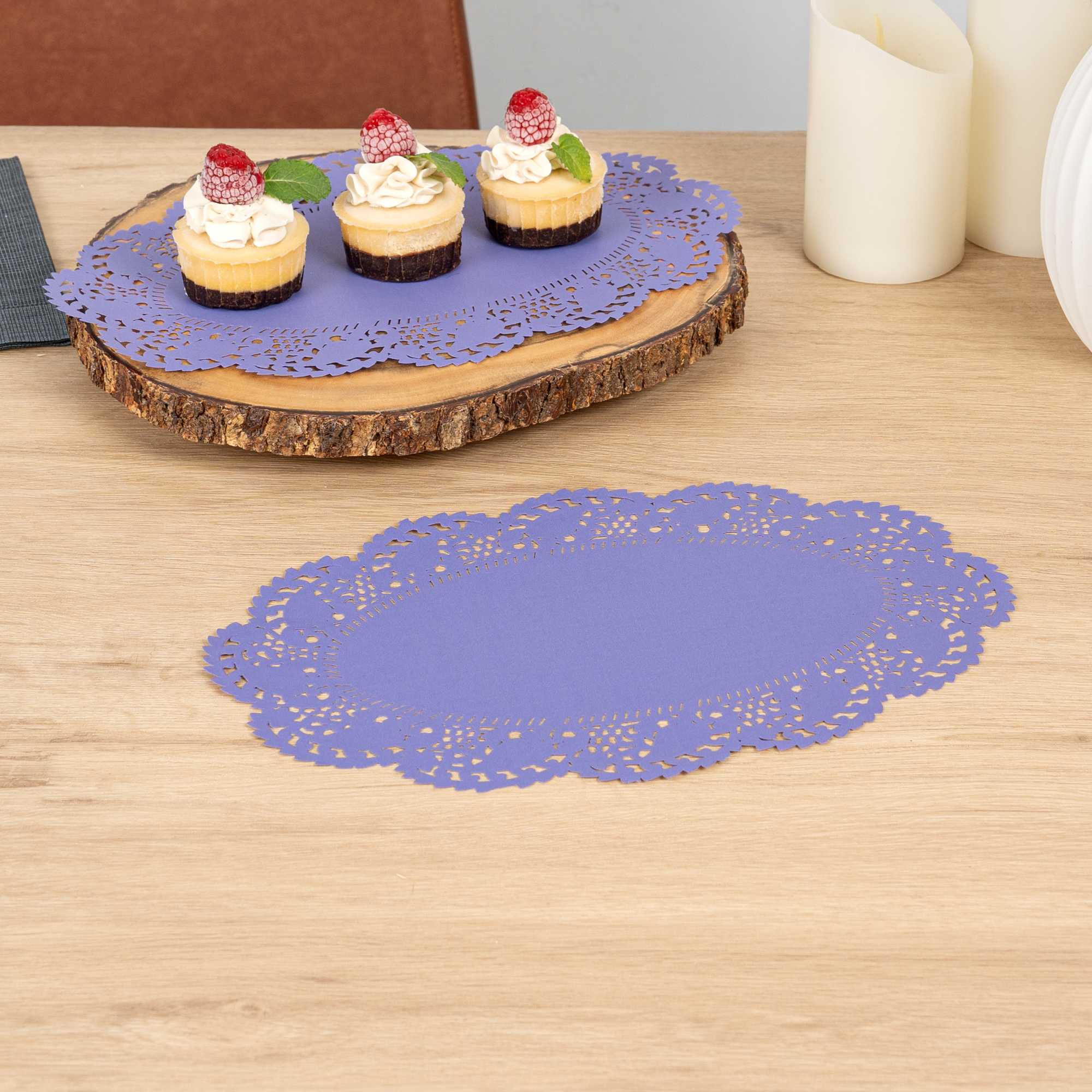 Pastry Tek Oval Purple Paper Doilies - Lace - 12 1/2" x 8 1/2" - 100 count box