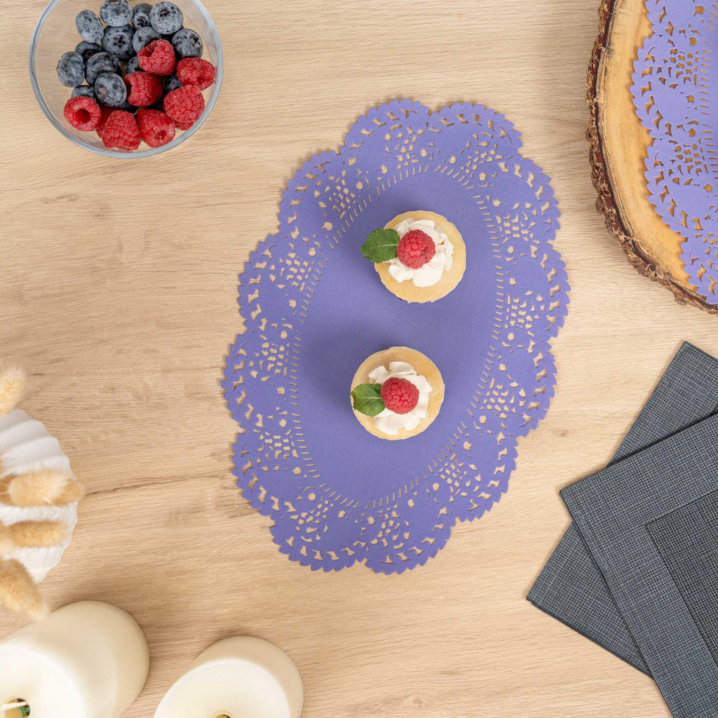 Pastry Tek Oval Purple Paper Doilies - Lace - 12 1/2" x 8 1/2" - 100 count box