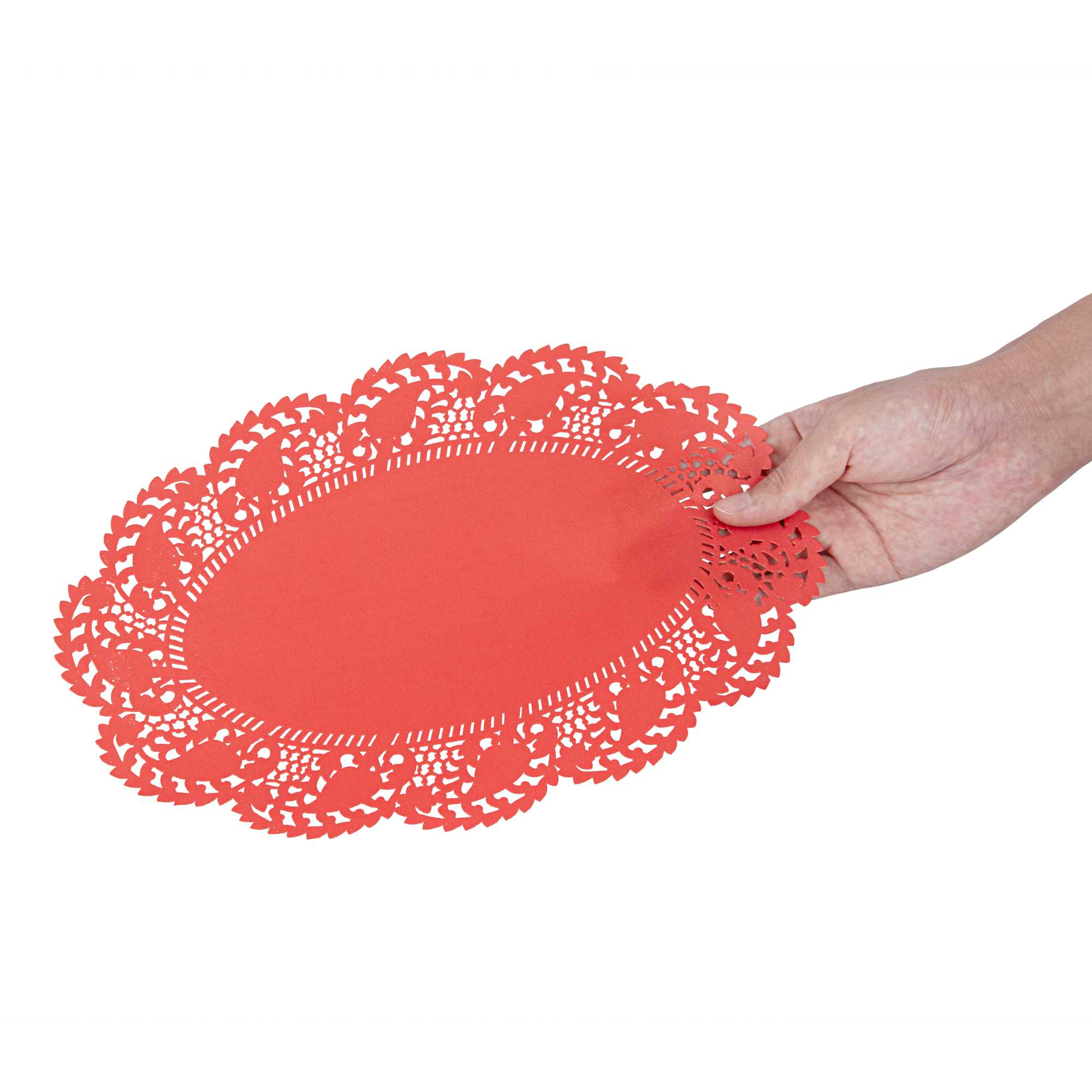 Pastry Tek Oval Red Paper Doilies - Lace - 12 1/2" x 8 1/2" - 100 count box