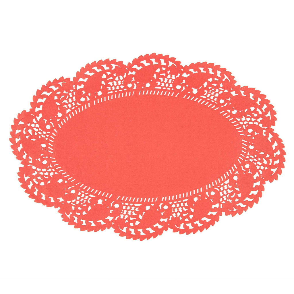 Pastry Tek Oval Red Paper Doilies - Lace - 12 1/2" x 8 1/2" - 100 count box