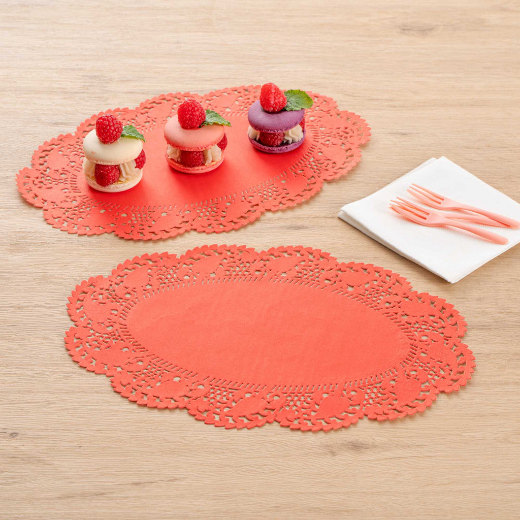 Pastry Tek Oval Red Paper Doilies - Lace - 12 1/2" x 8 1/2" - 100 count box
