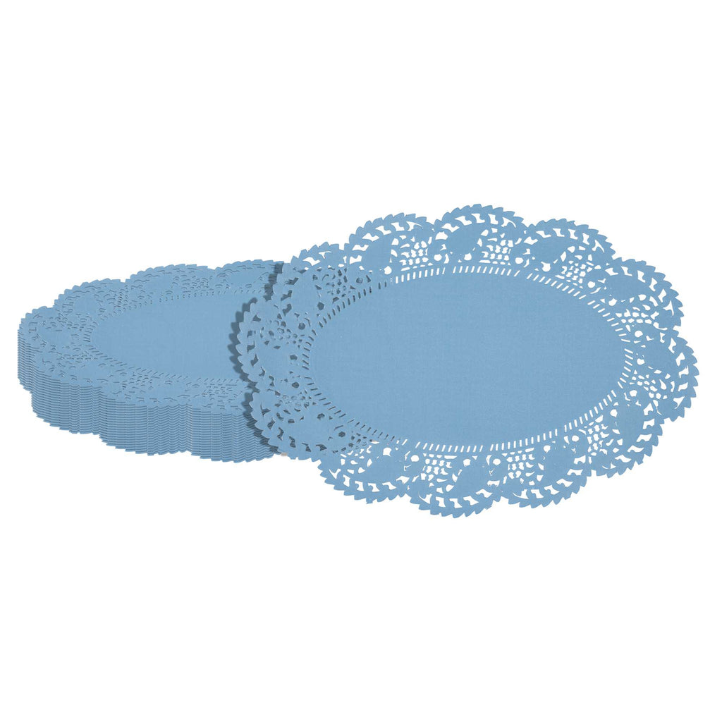 Pastry Tek Oval Sky Blue Paper Doilies - Lace - 12 1/2" x 8 1/2" - 100 count box