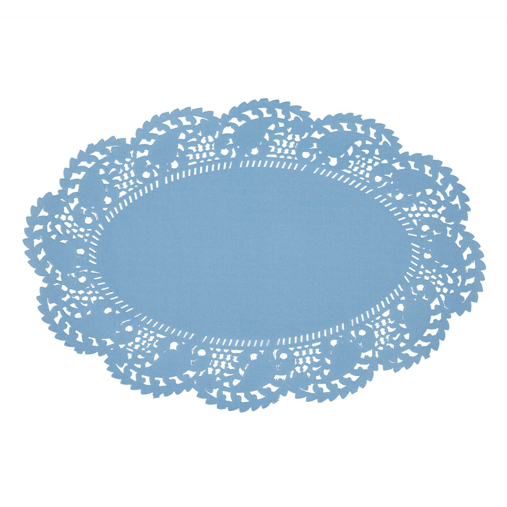 Pastry Tek Oval Sky Blue Paper Doilies - Lace - 12 1/2" x 8 1/2" - 100 count box