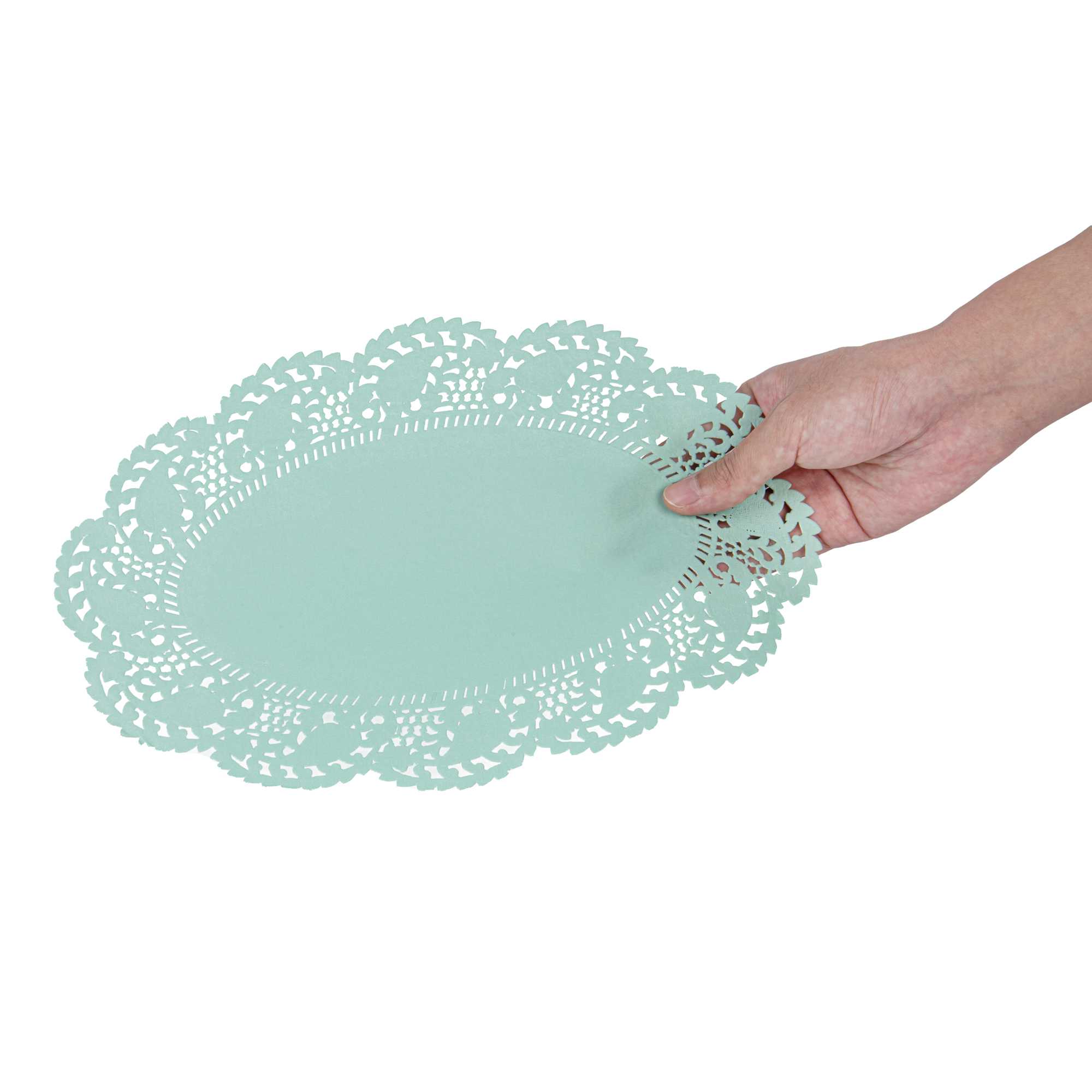 Pastry Tek Oval Teal Paper Doilies - Lace - 12 1/2" x 8 1/2" - 100 count box