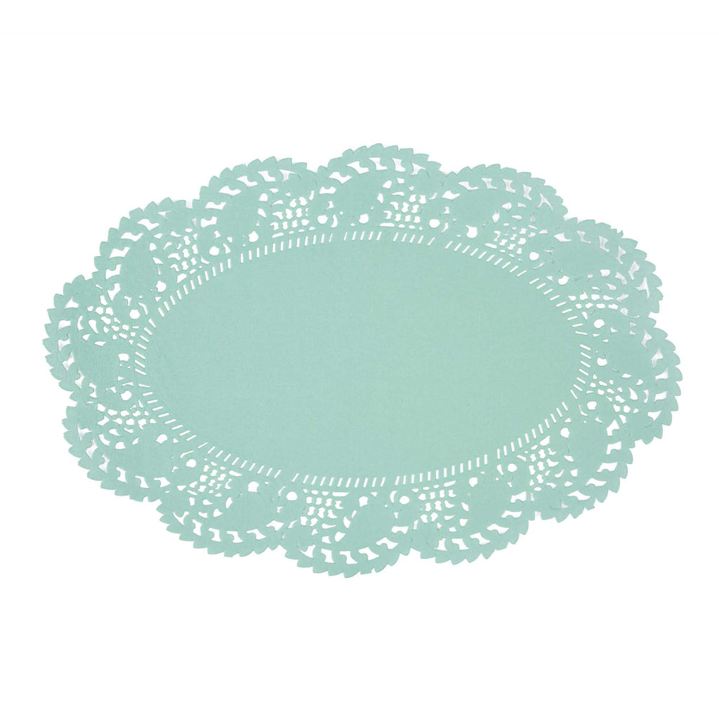 Pastry Tek Oval Teal Paper Doilies - Lace - 12 1/2" x 8 1/2" - 100 count box