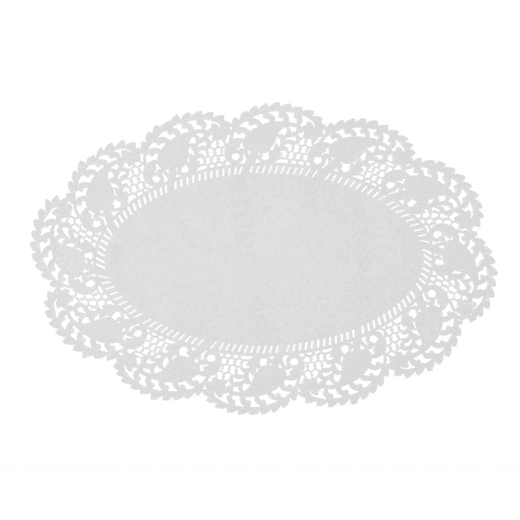 Pastry Tek Oval White Paper Doilies - Lace - 12 1/2" x 8 1/2" - 100 count box