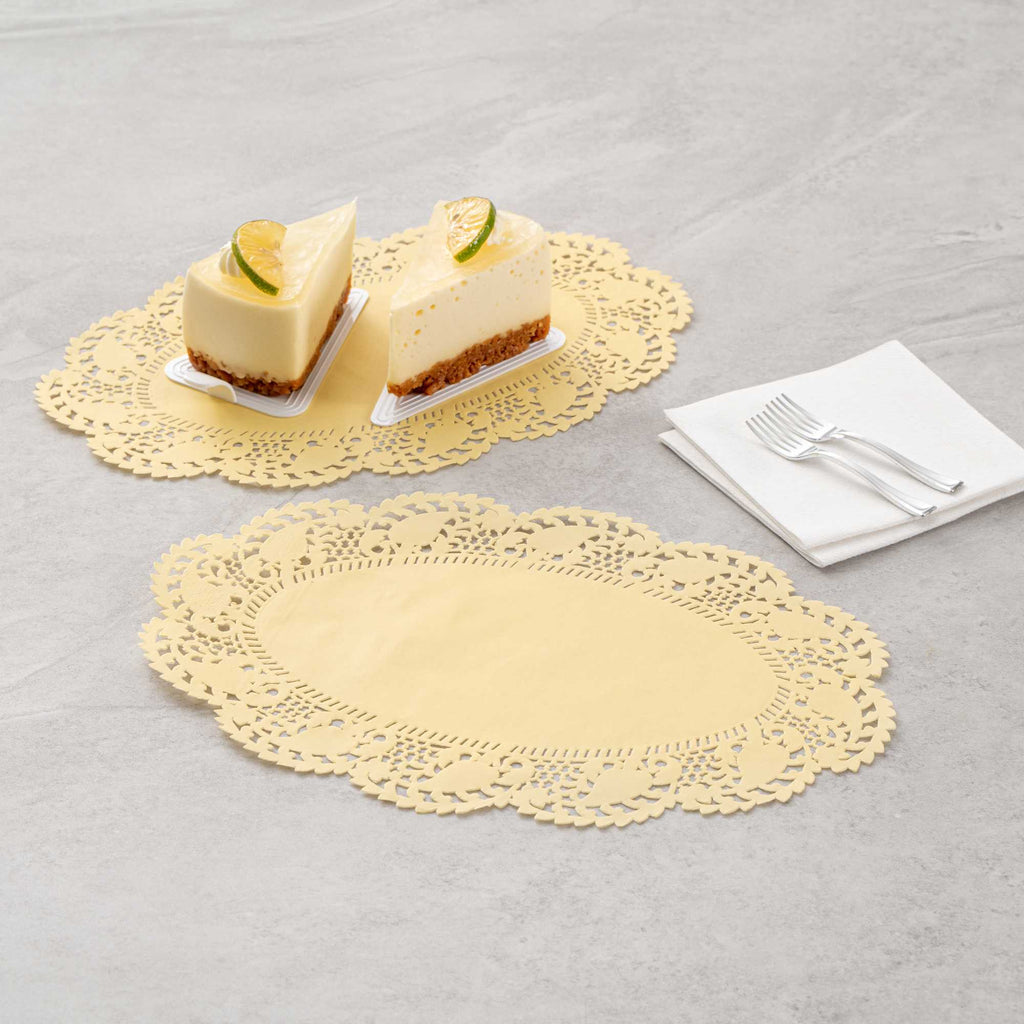 Pastry Tek Oval Yellow Paper Doilies - Lace - 12 1/2" x 8 1/2" - 100 count box