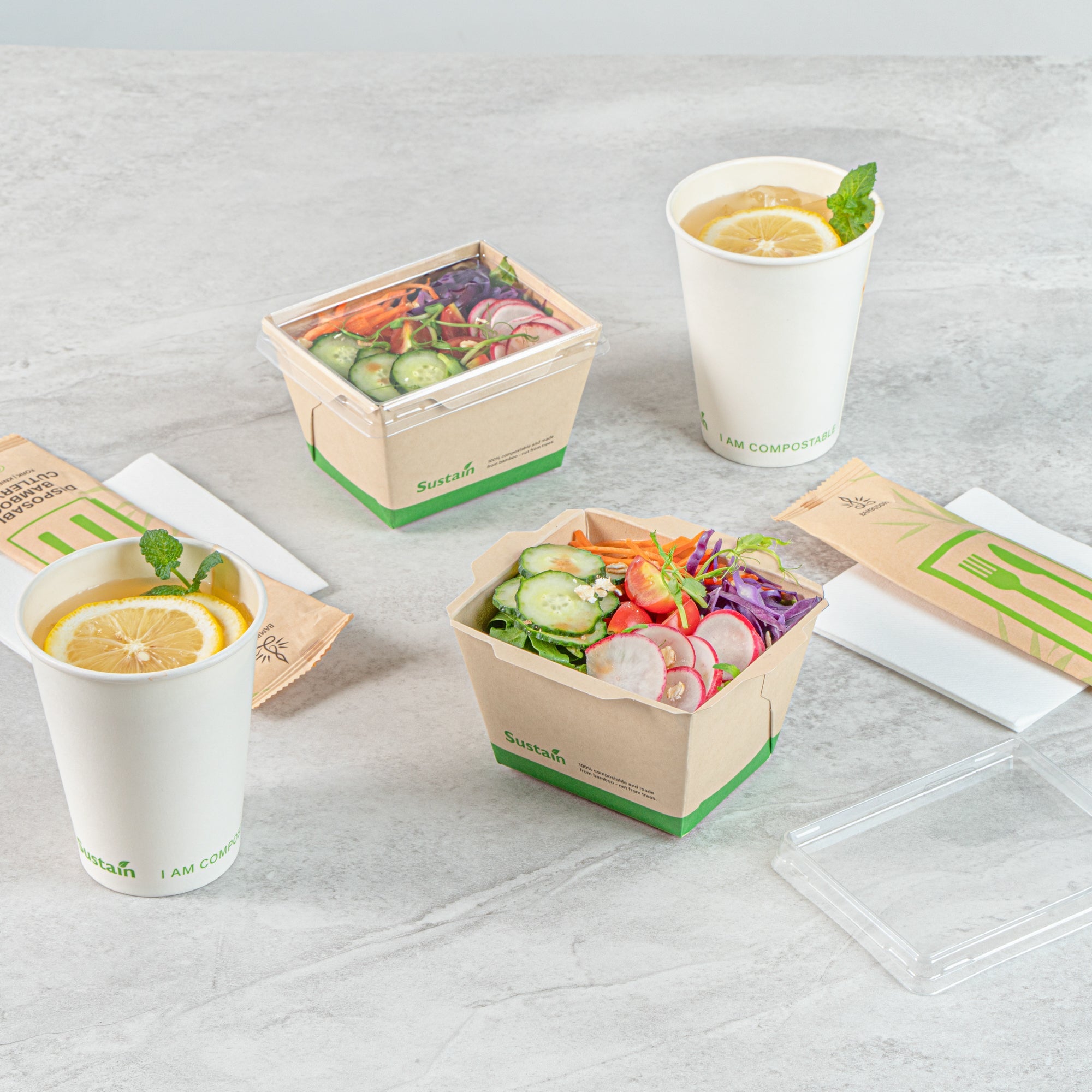 Sustain 17 oz Bamboo Paper Small Click Lock Container - with PLA Lining, Compostable - 4 1/4" x 3 1/4" x 2 3/4" - 200 count box