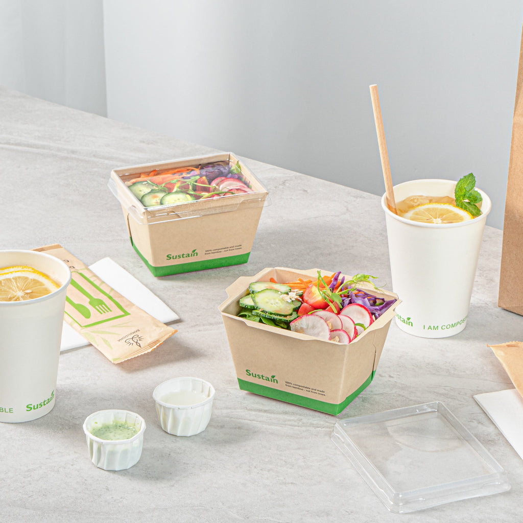 Sustain 17 oz Bamboo Paper Small Click Lock Container - with PLA Lining, Compostable - 4 1/4" x 3 1/4" x 2 3/4" - 50 count box