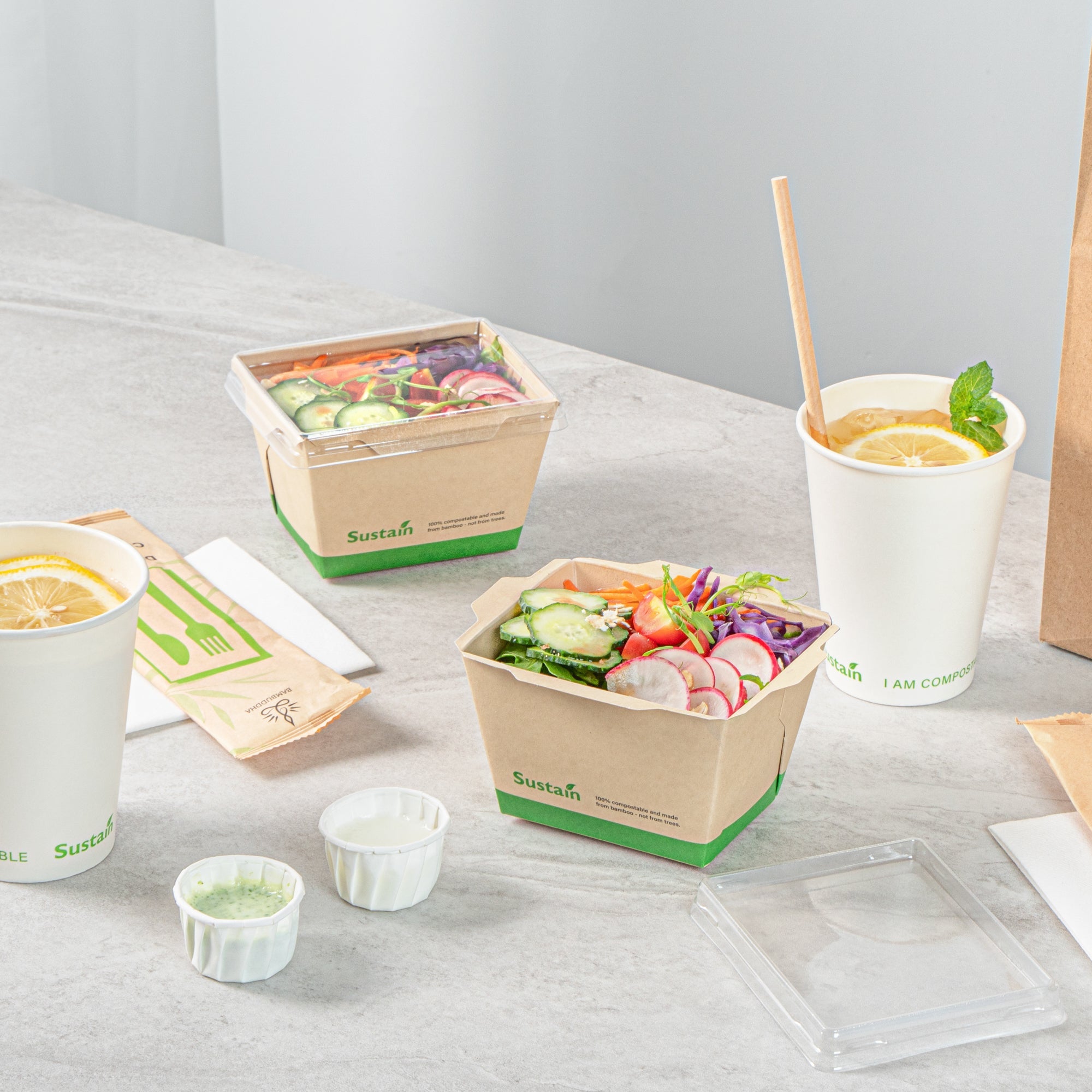 Sustain 17 oz Bamboo Paper Small Click Lock Container - with PLA Lining, Compostable - 4 1/4" x 3 1/4" x 2 3/4" - 50 count box