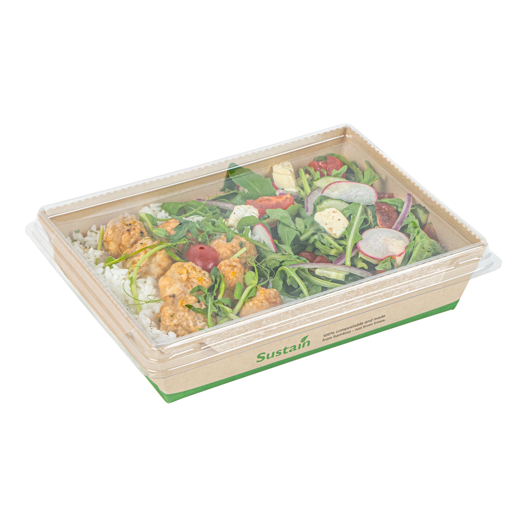 Sustain 34 oz Bamboo Paper Medium Click Lock Container - with PLA Lining, Compostable - 7 1/2" x 5 1/2" x 1 3/4" - 50 count box