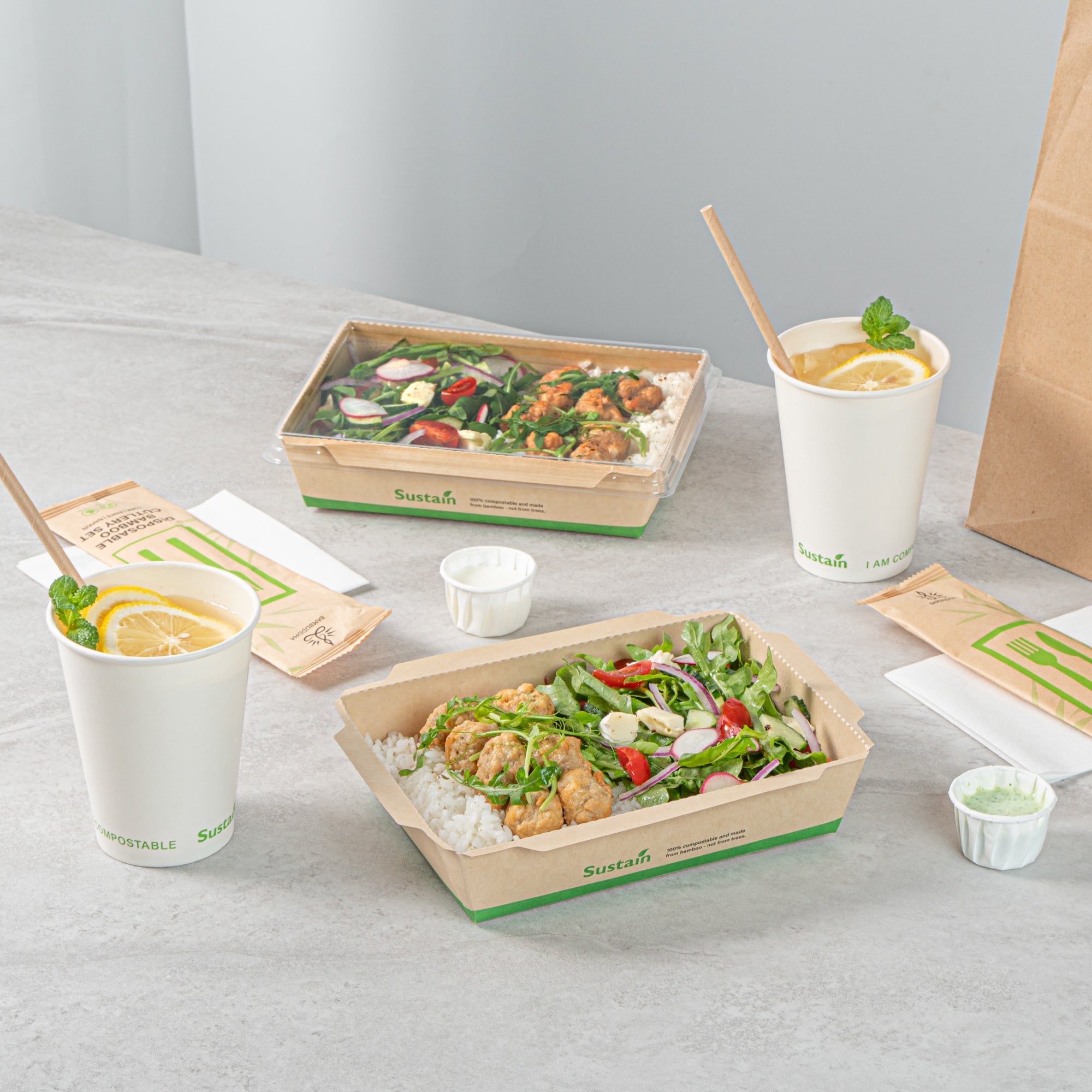 Sustain 34 oz Bamboo Paper Medium Click Lock Container - with PLA Lining, Compostable - 7 1/2" x 5 1/2" x 1 3/4" - 50 count box