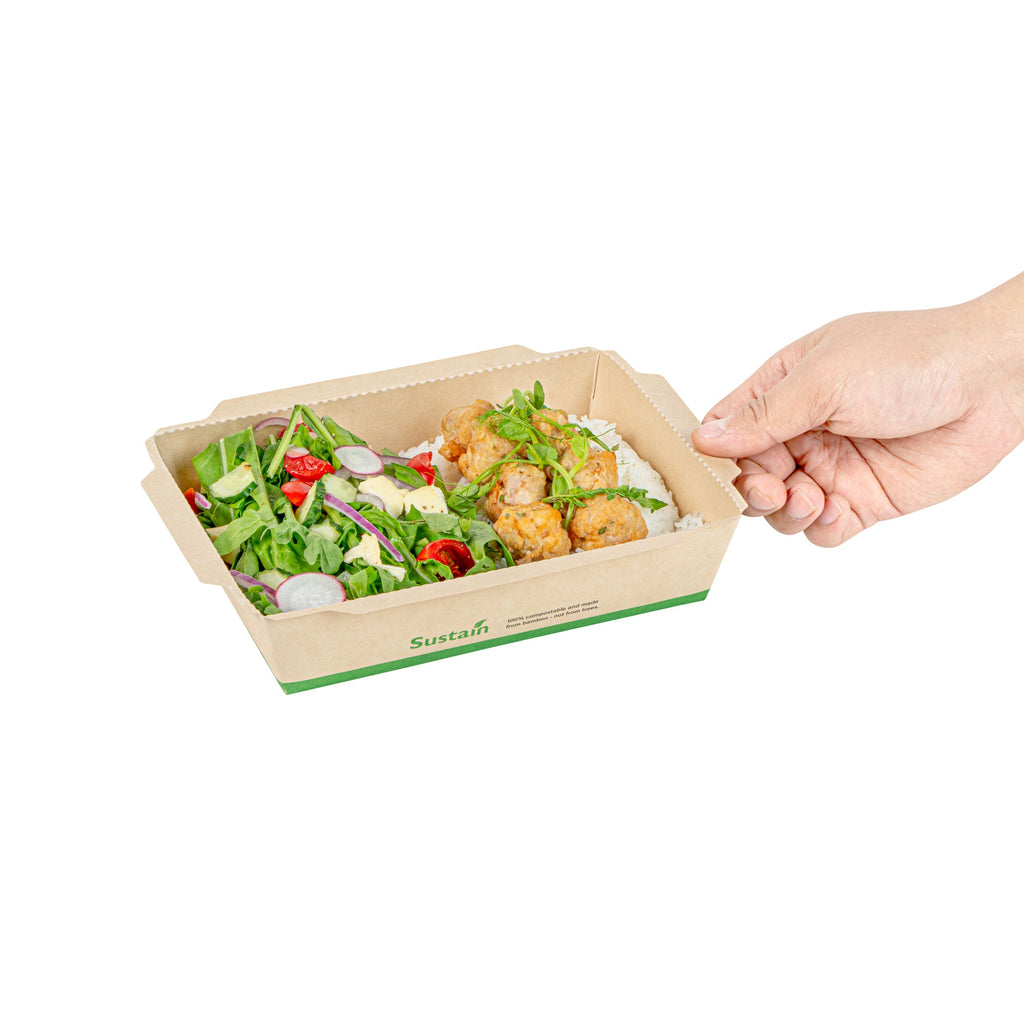 Sustain 34 oz Bamboo Paper Medium Click Lock Container - with PLA Lining, Compostable - 7 1/2" x 5 1/2" x 1 3/4" - 50 count box