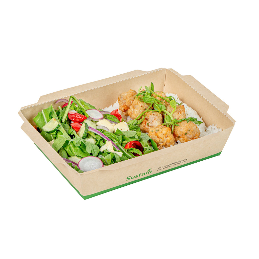 Sustain 34 oz Bamboo Paper Medium Click Lock Container - with PLA Lining, Compostable - 7 1/2" x 5 1/2" x 1 3/4" - 50 count box