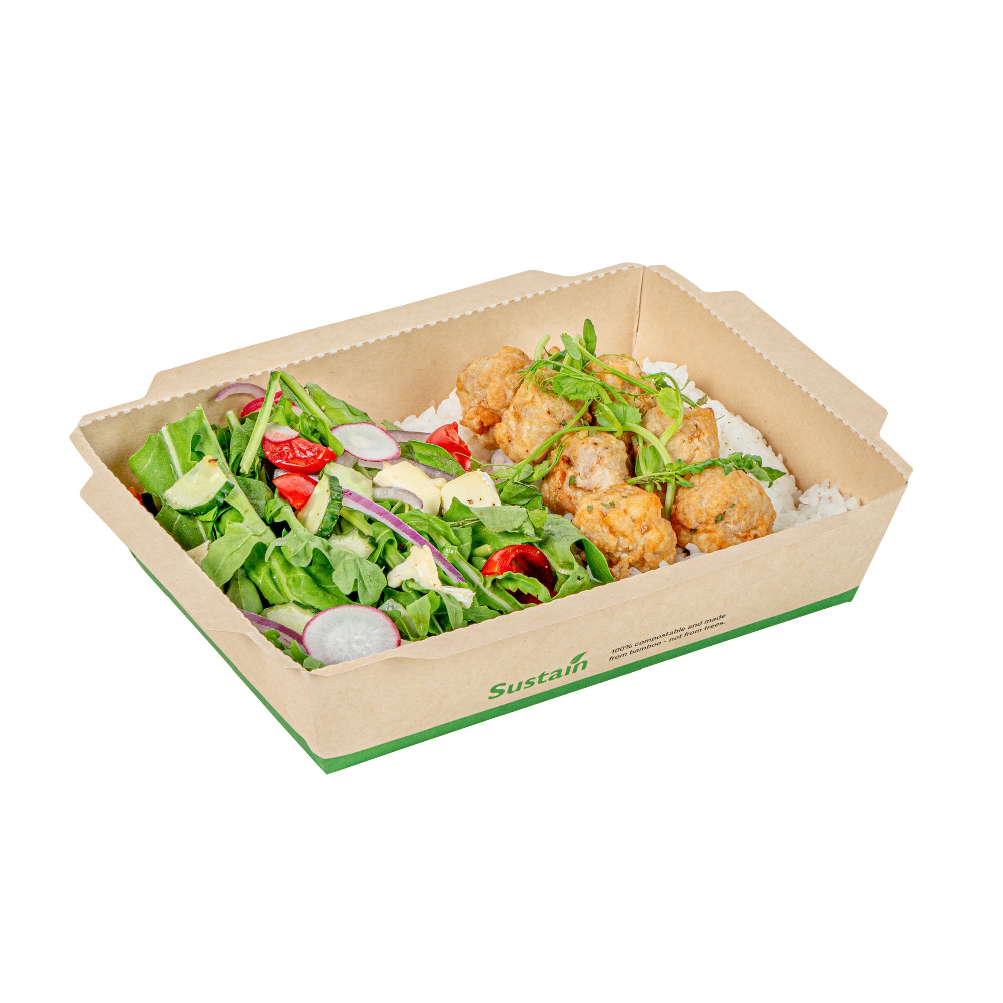 Sustain 34 oz Bamboo Paper Medium Click Lock Container - with PLA Lining, Compostable - 7 1/2" x 5 1/2" x 1 3/4" - 50 count box