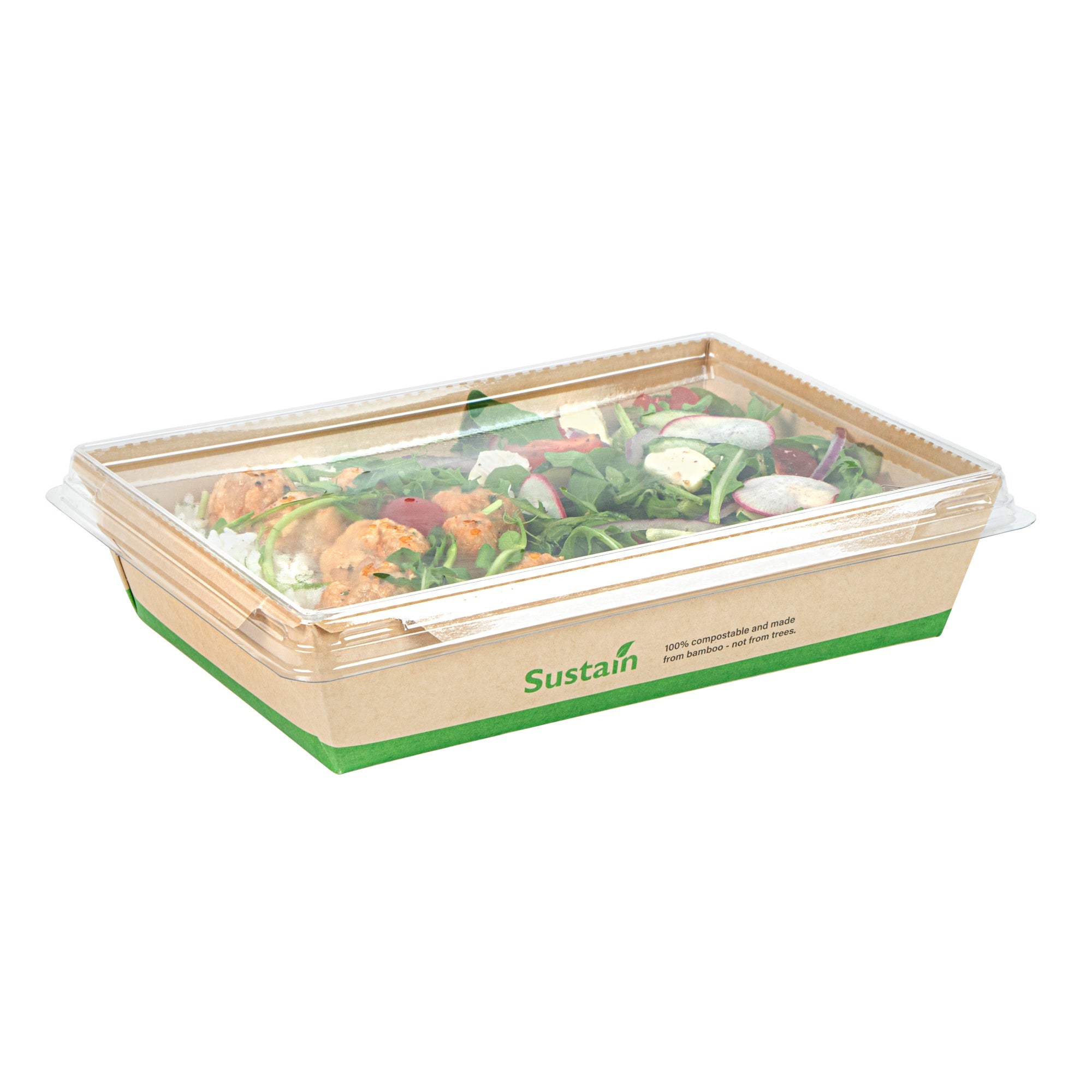 Sustain 34 oz Bamboo Paper Medium Click Lock Container - with PLA Lining, Compostable - 7 1/2" x 5 1/2" x 1 3/4" - 50 count box