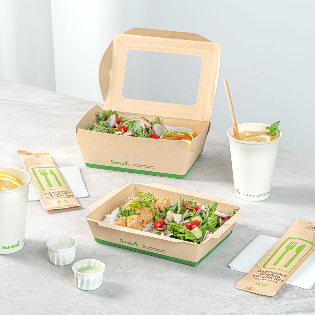 Sustain 34 oz Bamboo Paper Medium Click Lock Container - with PLA Lining, Compostable - 7 1/2" x 5 1/2" x 1 3/4" - 50 count box