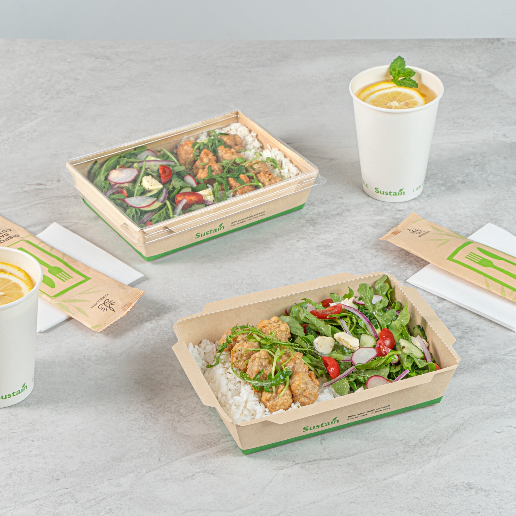 Sustain 34 oz Bamboo Paper Medium Click Lock Container - with PLA Lining, Compostable - 7 1/2" x 5 1/2" x 1 3/4" - 50 count box