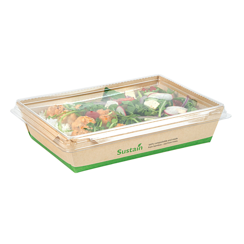 Sustain 34 oz Bamboo Paper Medium Click Lock Container - with PLA Lining, Compostable - 7 1/2" x 5 1/2" x 1 3/4" - 200 count box