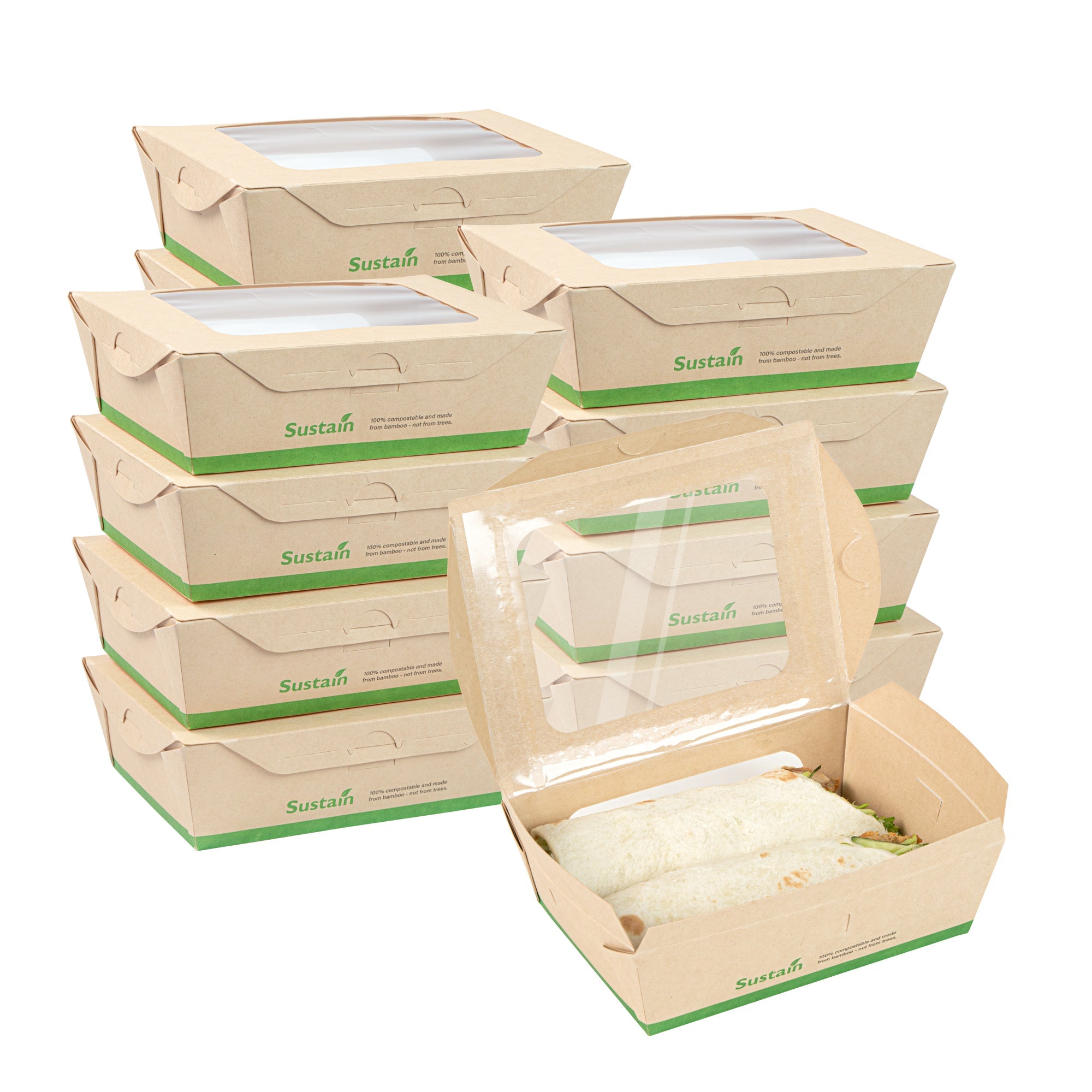 Sustain 28 oz Bamboo Paper Small Bio Take Out Container - with PLA Lining and Windows, Compostable - 6 1/4" x 4 3/4" x 2" - 200 count box