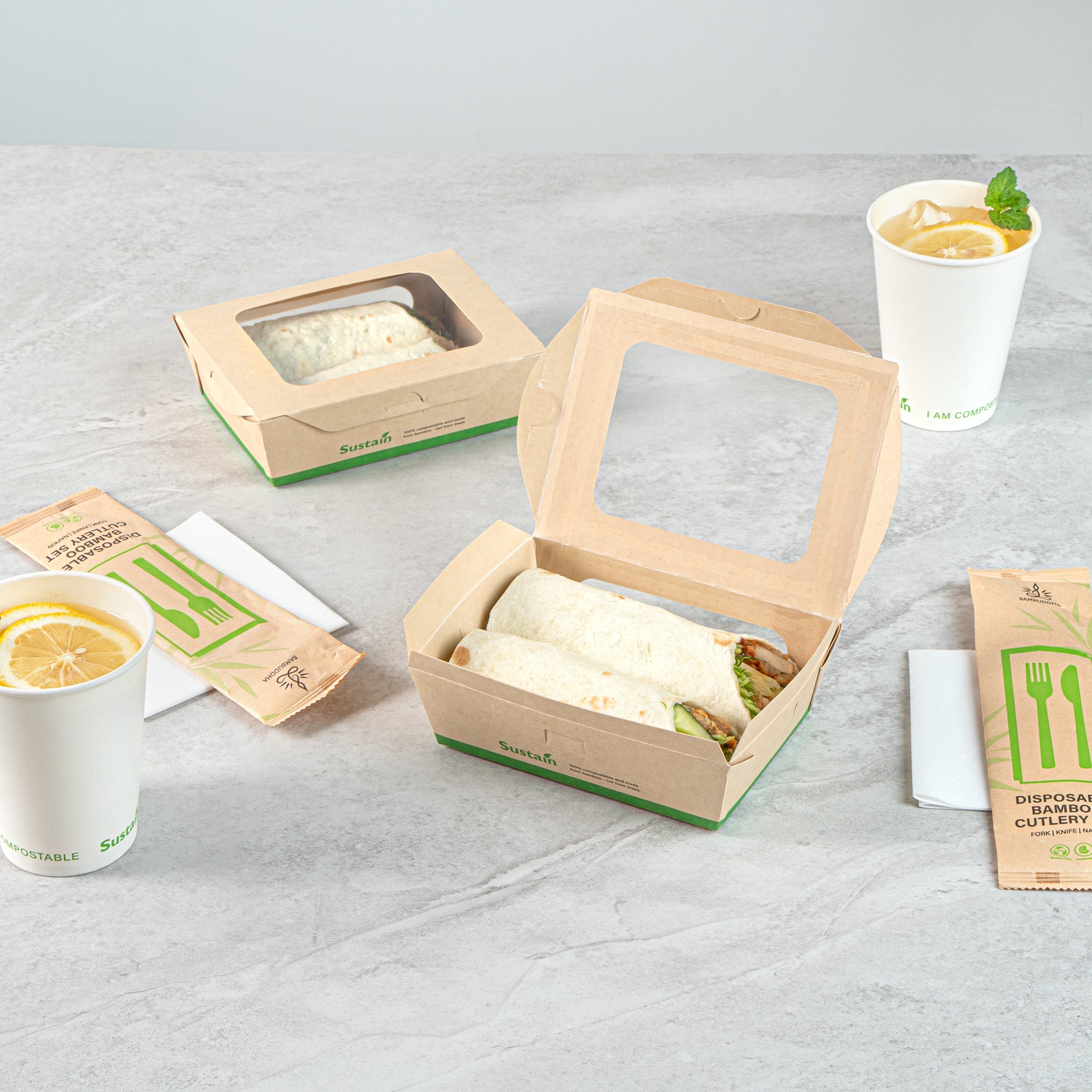 Sustain 28 oz Bamboo Paper Small Bio Take Out Container - with PLA Lining and Windows, Compostable - 6 1/4" x 4 3/4" x 2" - 50 count box