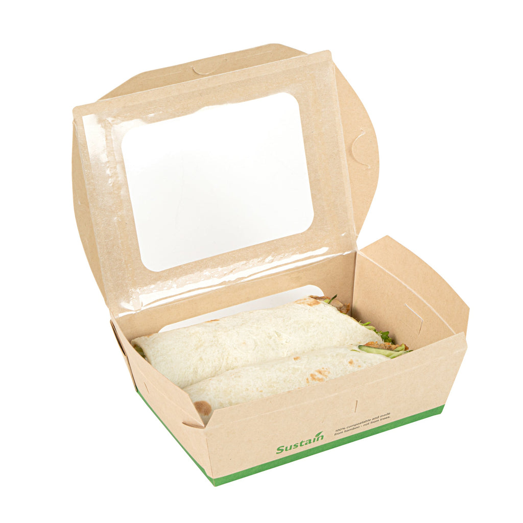 Sustain 28 oz Bamboo Paper Small Bio Take Out Container - with PLA Lining and Windows, Compostable - 6 1/4" x 4 3/4" x 2" - 50 count box
