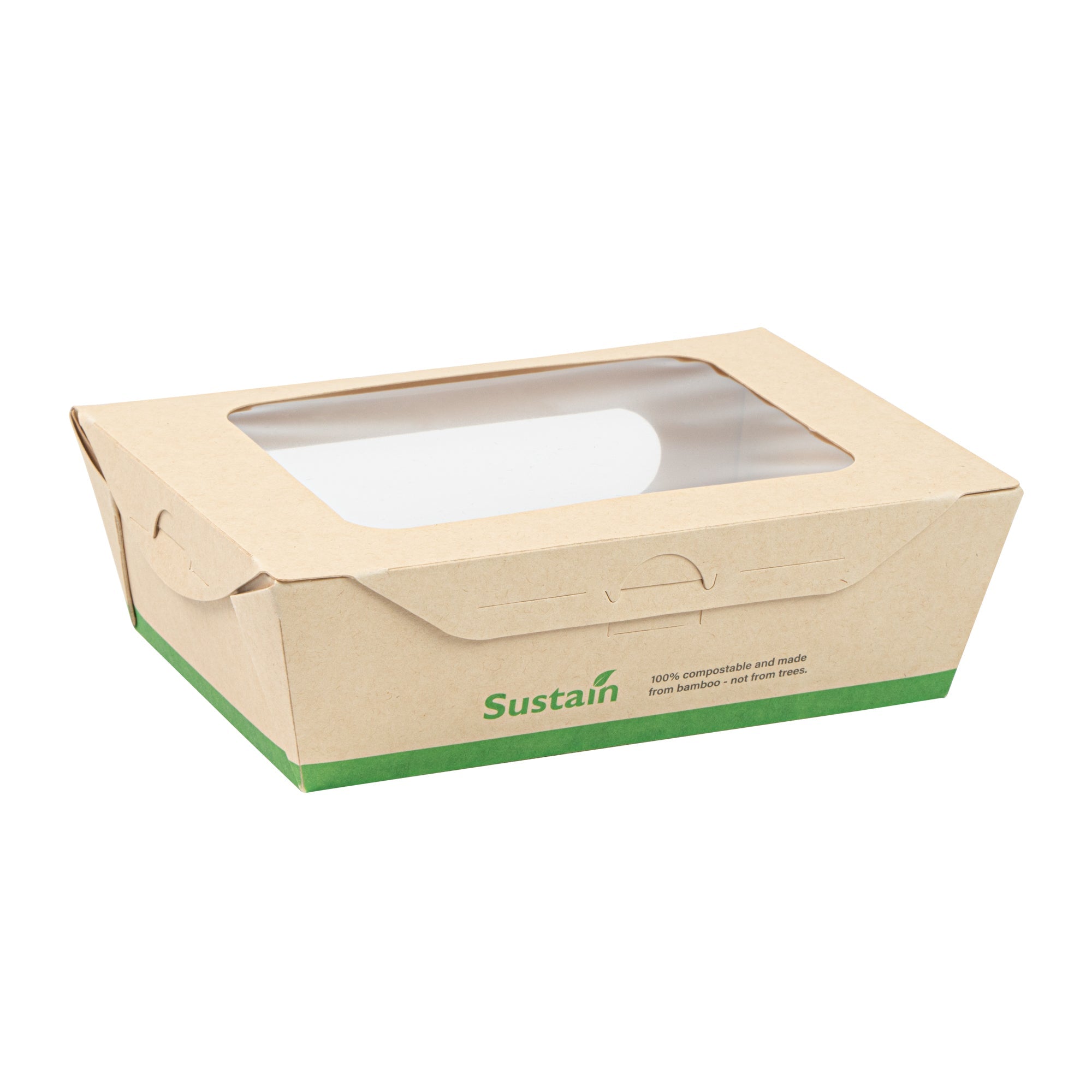 Sustain 28 oz Bamboo Paper Small Bio Take Out Container - with PLA Lining and Windows, Compostable - 6 1/4" x 4 3/4" x 2" - 50 count box