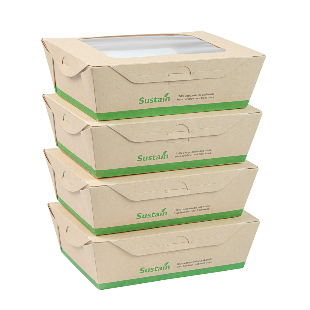 Sustain 28 oz Bamboo Paper Small Bio Take Out Container - with PLA Lining and Windows, Compostable - 6 1/4" x 4 3/4" x 2" - 50 count box