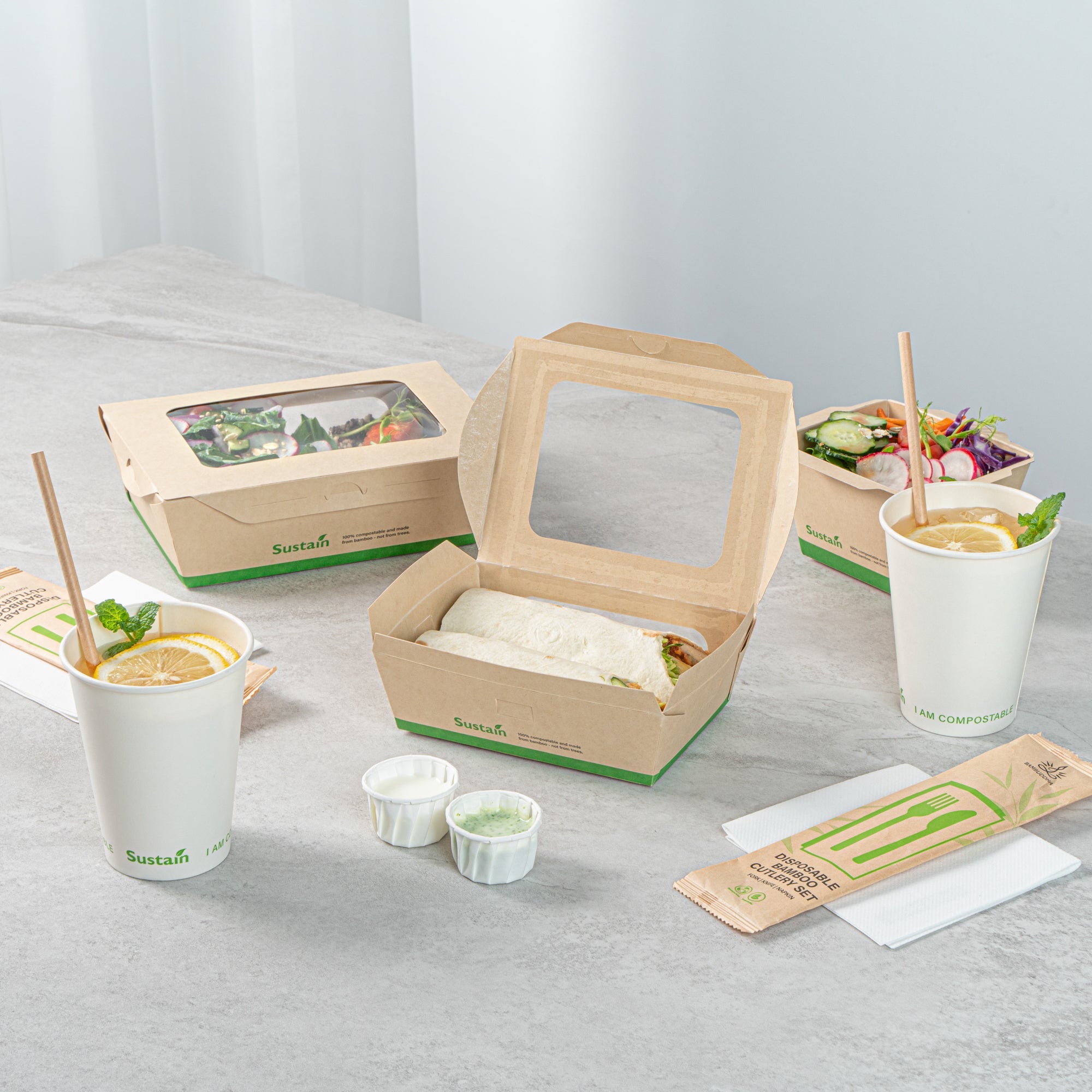 Sustain 28 oz Bamboo Paper Small Bio Take Out Container - with PLA Lining and Windows, Compostable - 6 1/4" x 4 3/4" x 2" - 50 count box