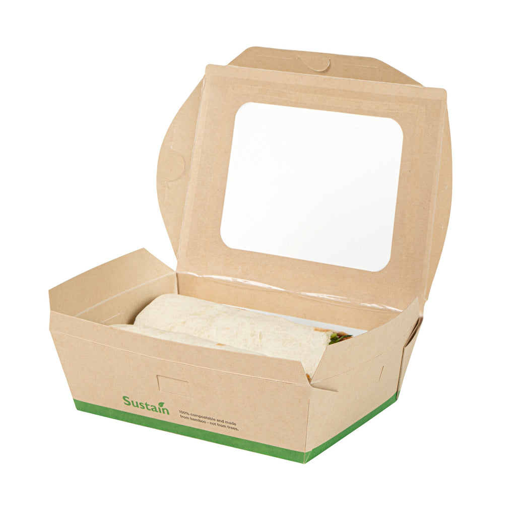 Sustain 28 oz Bamboo Paper Small Bio Take Out Container - with PLA Lining and Windows, Compostable - 6 1/4" x 4 3/4" x 2" - 200 count box