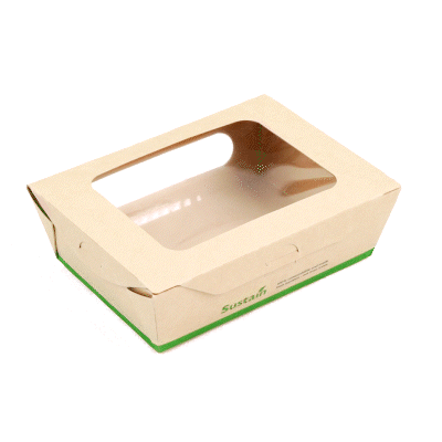 Sustain 28 oz Bamboo Paper Small Bio Take Out Container - with PLA Lining and Windows, Compostable - 6 1/4" x 4 3/4" x 2" - 200 count box