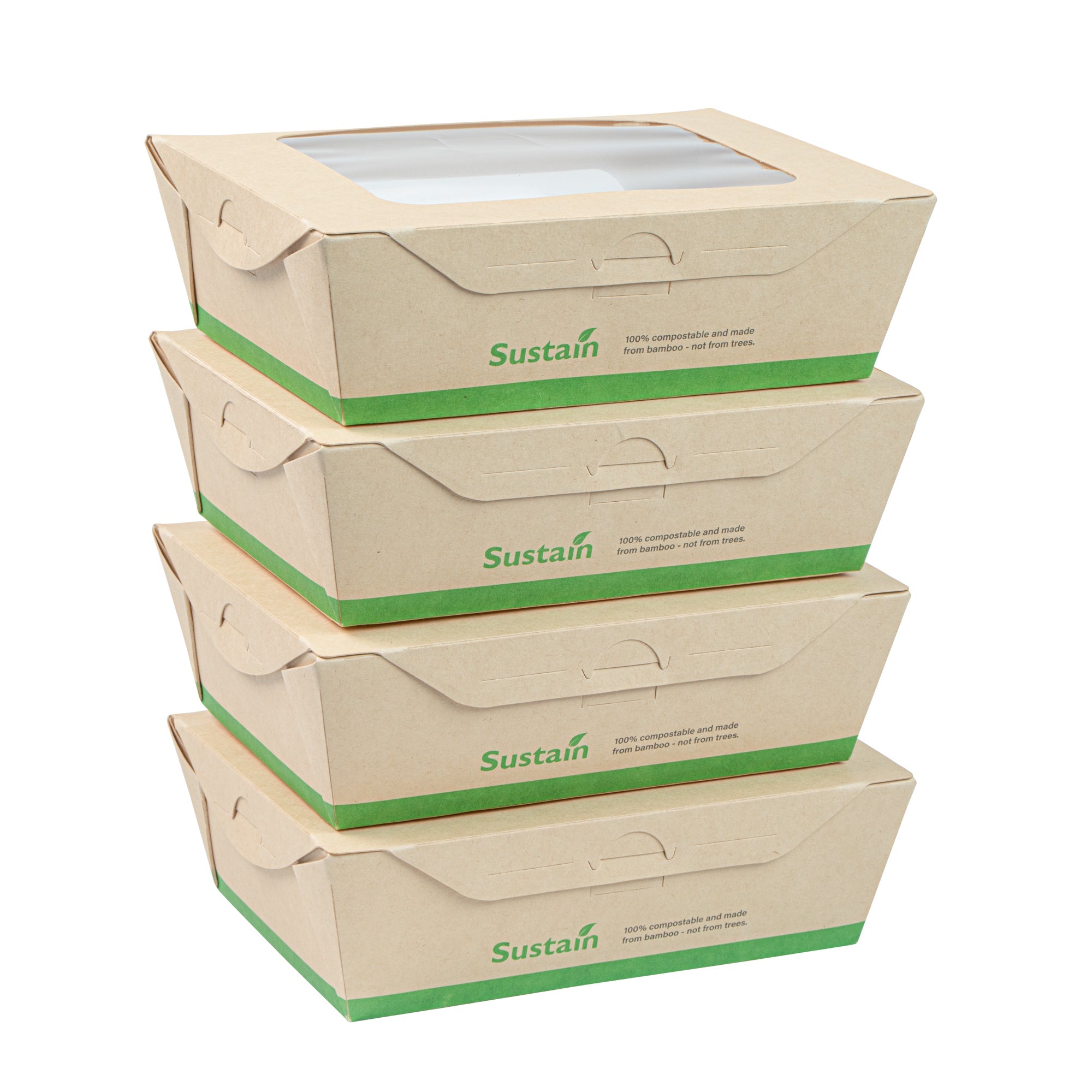 Sustain 28 oz Bamboo Paper Small Bio Take Out Container - with PLA Lining and Windows, Compostable - 6 1/4" x 4 3/4" x 2" - 200 count box