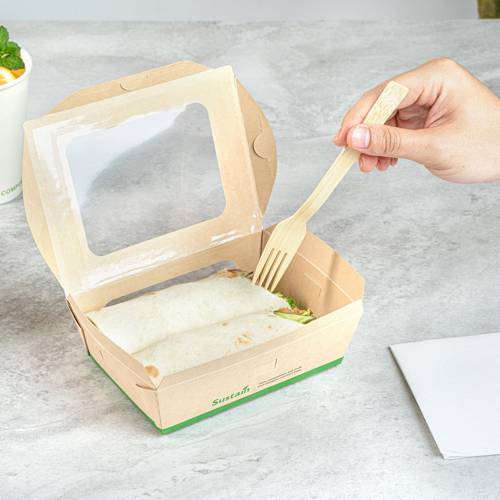 Sustain 28 oz Bamboo Paper Small Bio Take Out Container - with PLA Lining and Windows, Compostable - 6 1/4" x 4 3/4" x 2" - 200 count box