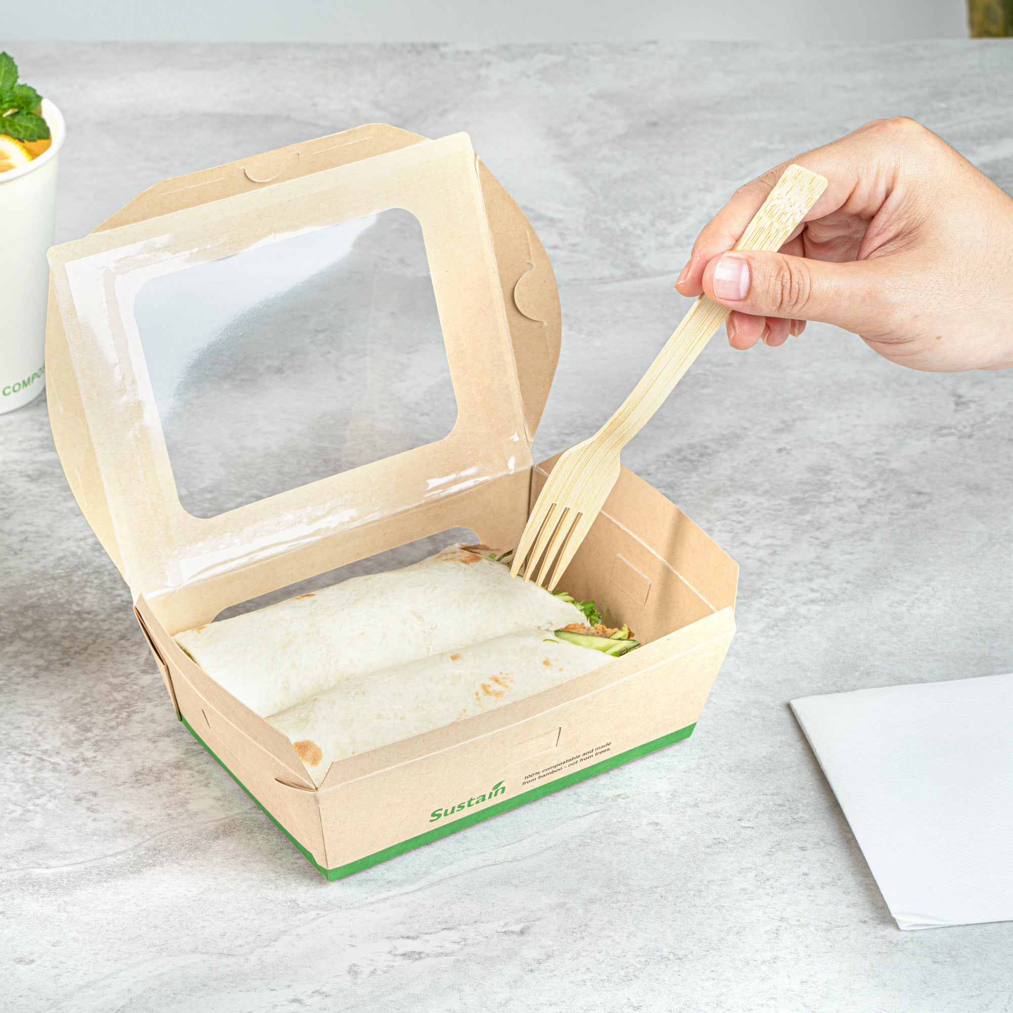 Sustain 28 oz Bamboo Paper Small Bio Take Out Container - with PLA Lining and Windows, Compostable - 6 1/4" x 4 3/4" x 2" - 200 count box