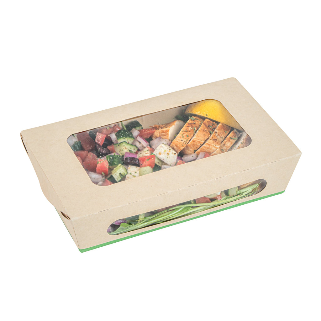 Sustain 35 oz Bamboo Paper Medium Bio Take Out Container - with PLA Lining and Windows, Compostable - 8" x 4 3/4" x 2" - 200 count box