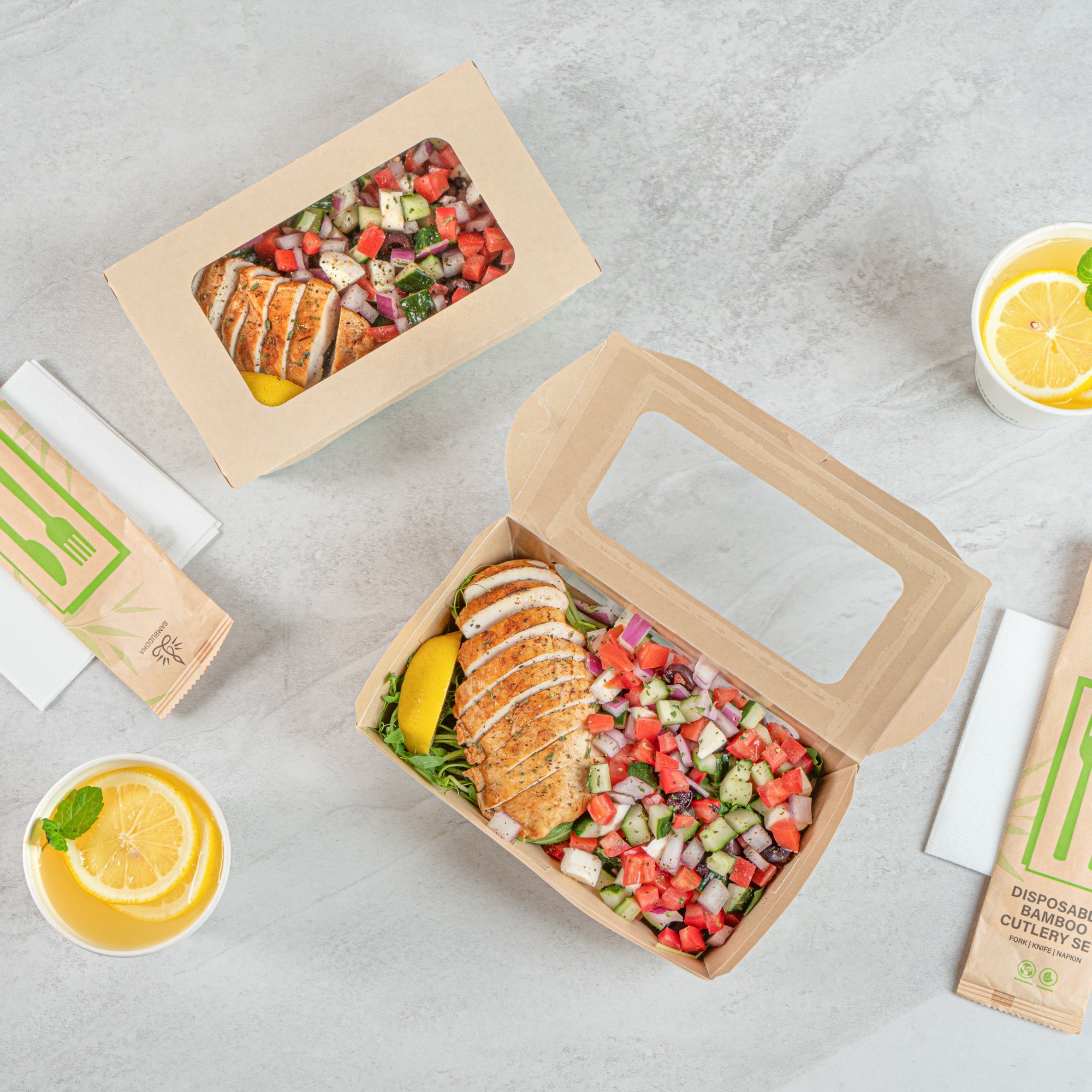 Sustain 35 oz Bamboo Paper Medium Bio Take Out Container - with PLA Lining and Windows, Compostable - 8" x 4 3/4" x 2" - 200 count box