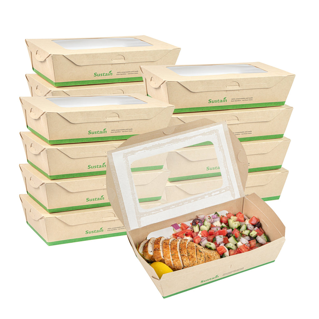 Sustain 35 oz Bamboo Paper Medium Bio Take Out Container - with PLA Lining and Windows, Compostable - 8" x 4 3/4" x 2" - 50 count box