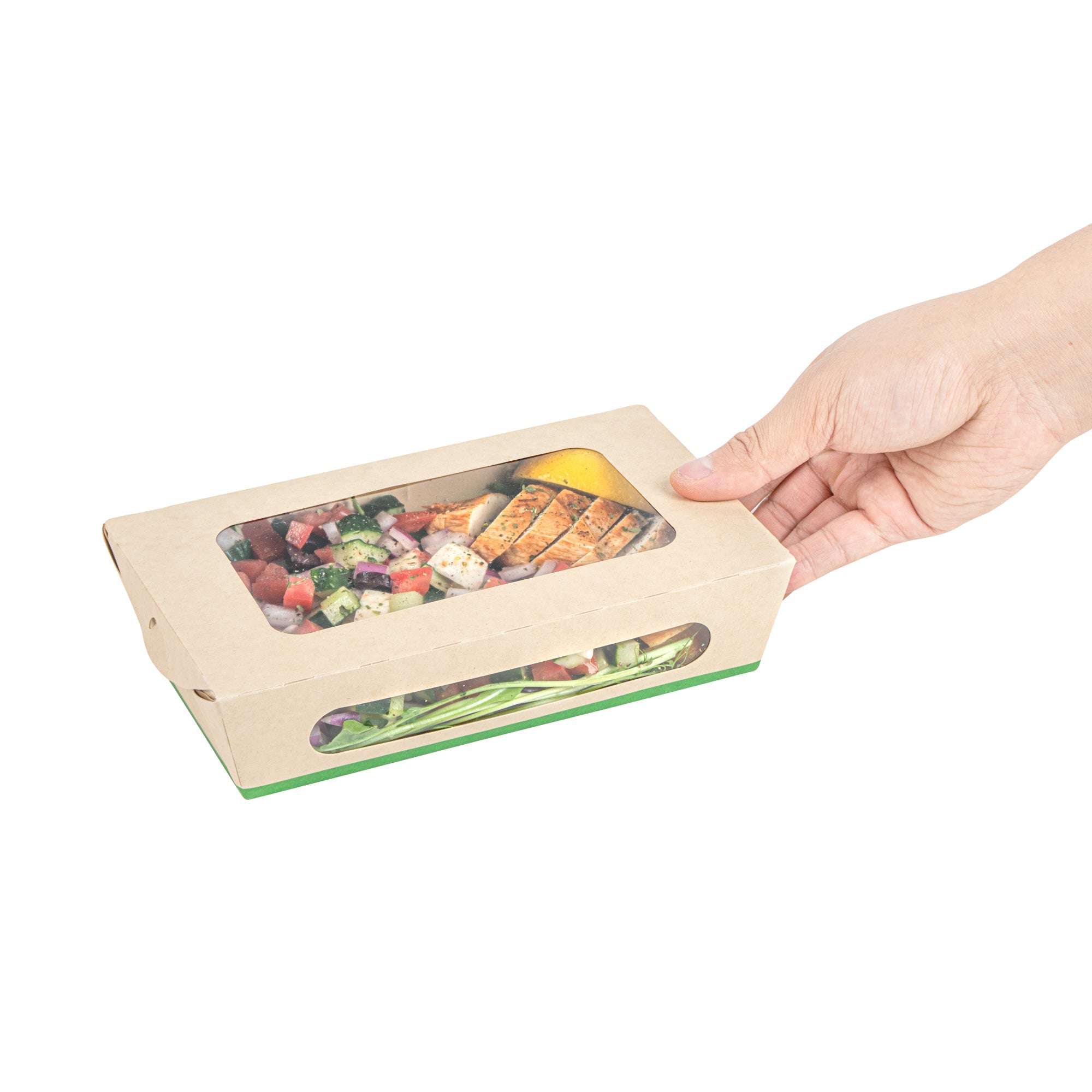 Sustain 35 oz Bamboo Paper Medium Bio Take Out Container - with PLA Lining and Windows, Compostable - 8" x 4 3/4" x 2" - 50 count box
