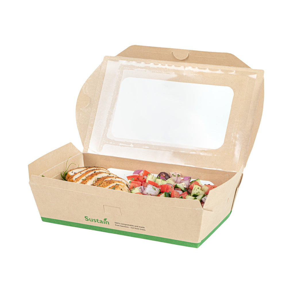 Sustain 35 oz Bamboo Paper Medium Bio Take Out Container - with PLA Lining and Windows, Compostable - 8" x 4 3/4" x 2" - 50 count box