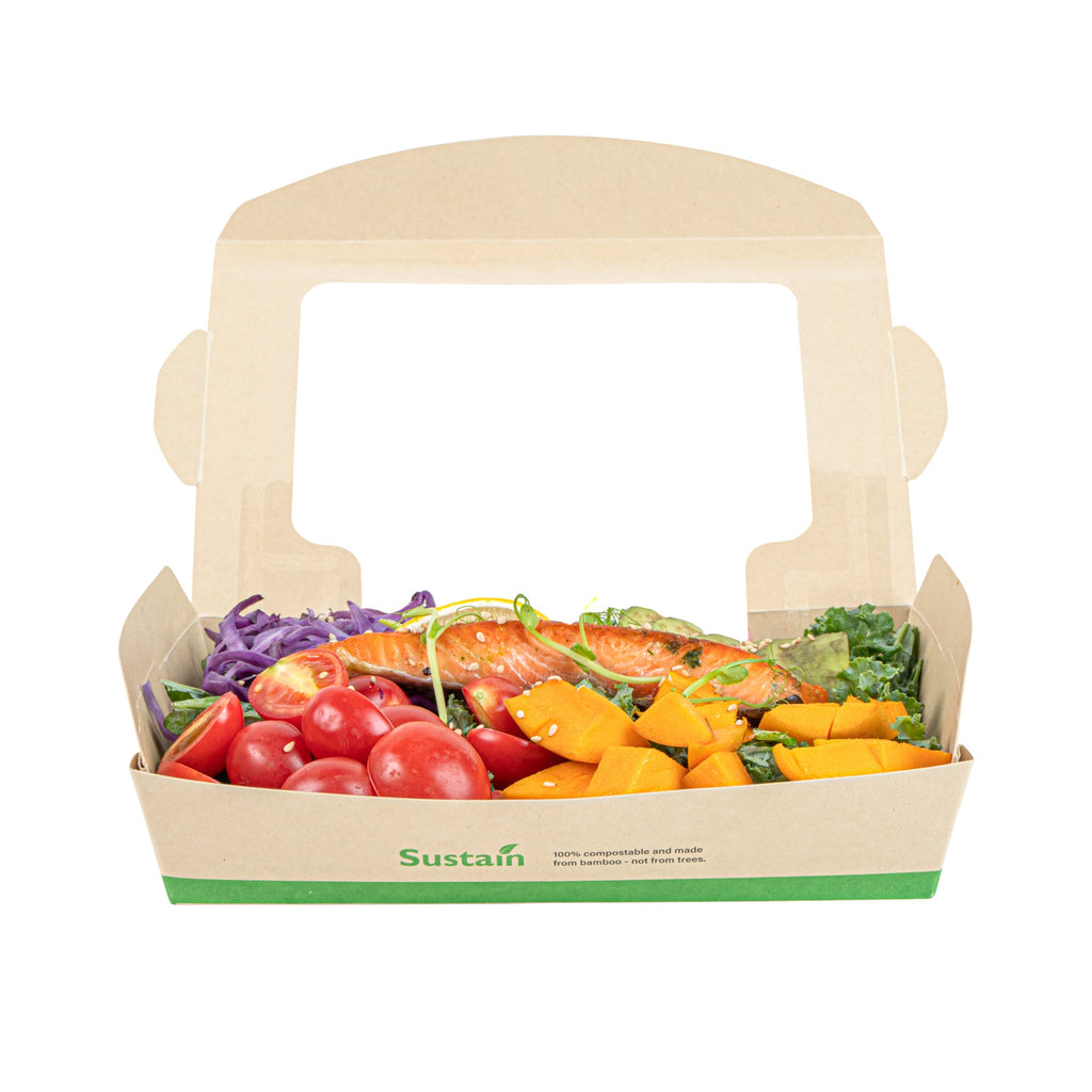 Sustain 35 oz Bamboo Paper Medium Bio Take Out Container - with PLA Lining and Windows, Compostable - 8" x 4 3/4" x 2" - 50 count box